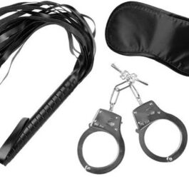 3 Piece Beginners Bondage Kit with Metal Handcuffs, Whip and Blind fold
